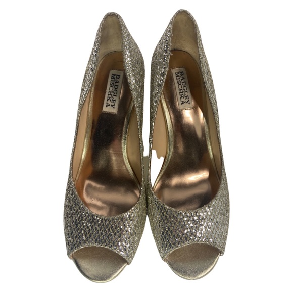 Badgley Mischka Gold Sequin Open Toe Heels Wedges - Picture 1 of 6
